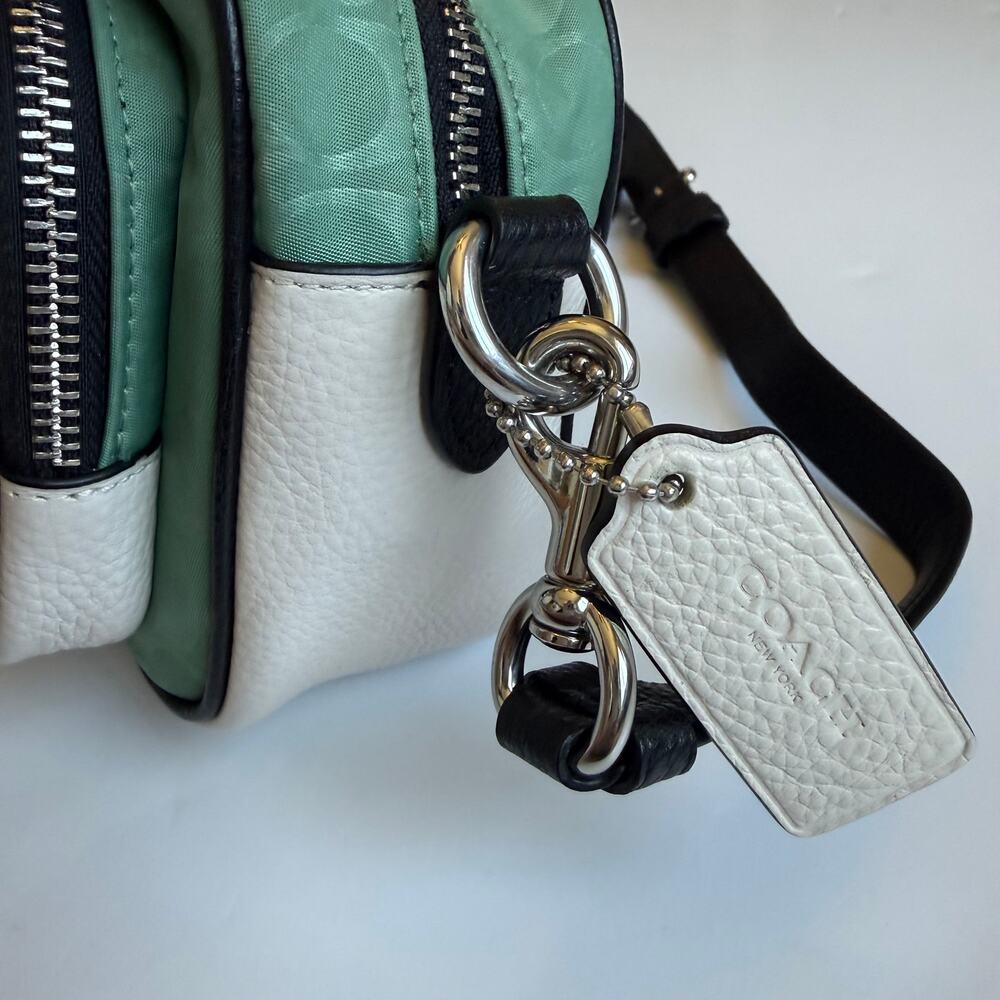 Coach Court Colorblock Crossbody Bag Green White Leather Nylon Signature - Picture 7 of 14